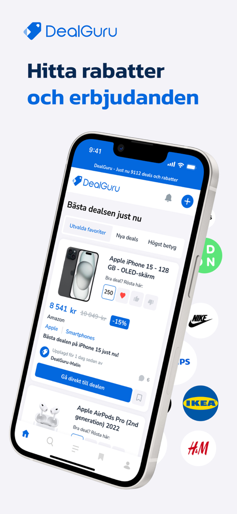 DealGuru - Smartphone screen displaying the DealGuru app with discount offers for iPhone and popular brands like IKEA and Nike
