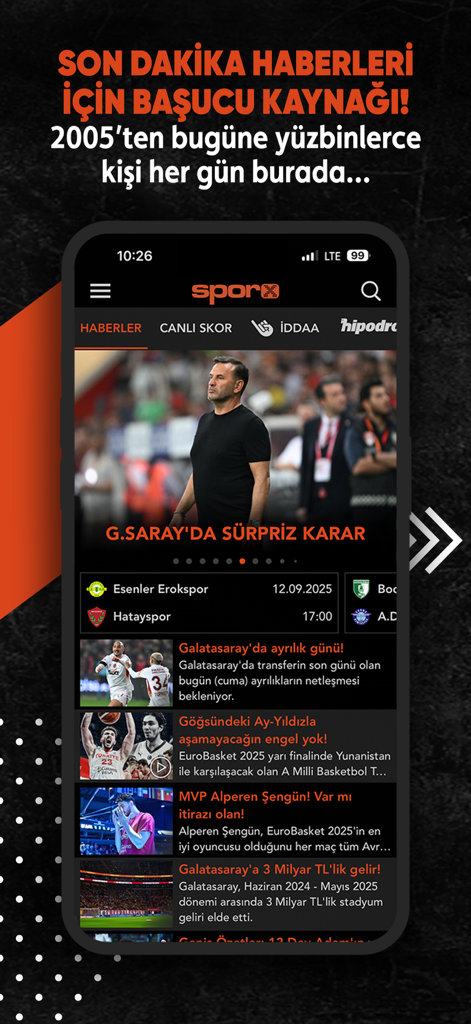 Sporx - Spor Haber, Canlı Skor - Interfaz de la aplicación móvil Sporx mostrando titulares de noticias deportivas turcas y resultados de fútbol en vivo.