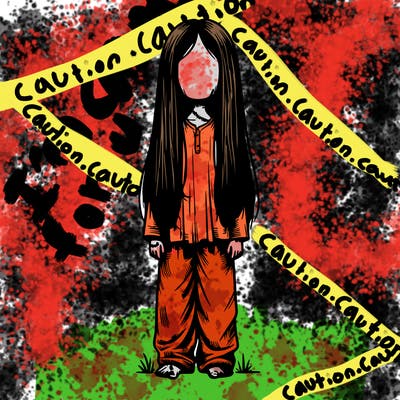 a realistic faceless zombie girl with long straight hair and oodie on with baggy pants