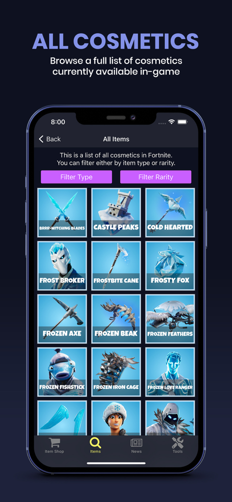 A mobile app interface displaying a grid of Fortnite cosmetic items with filter options for type and rarity.
