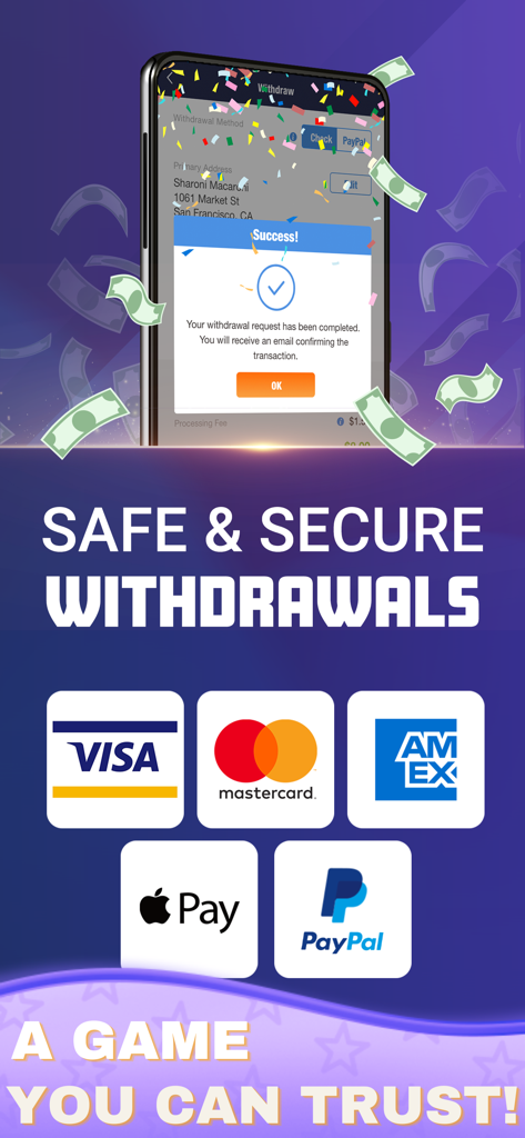 Word Cash app screenshot showing a successful withdrawal confirmation message and accepted payment methods like PayPal, Visa, and Apple Pay.