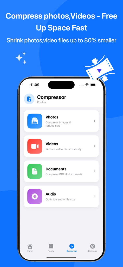 Oberfläche, die Optionen zur Dateikomprimierung für Fotos, Videos, Dokumente und Audio innerhalb der PDF Reader Pro App zeigt.