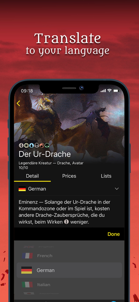 Interface de l'application MTG Scanner montrant une carte Magic traduite en allemand avec un menu de sélection de langue.