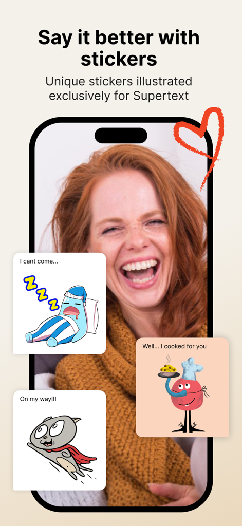 Supertext Messenger - Supertext Messenger interface showcasing exclusive illustrated stickers for expressive group messaging.