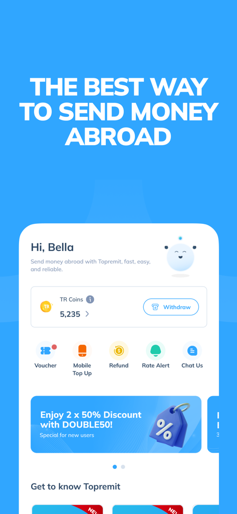 Topremit: Money Transfer - The Topremit app home screen showing the user dashboard with options for money transfers and a discount banner for new users.