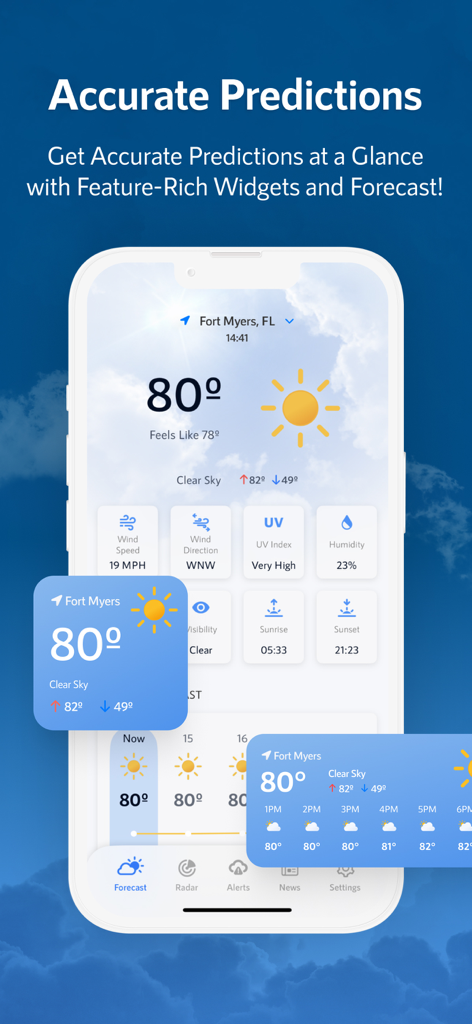 NOAA Live Weather Radar - NOAA Live Weather Radar app forecast screen with various weather data widgets