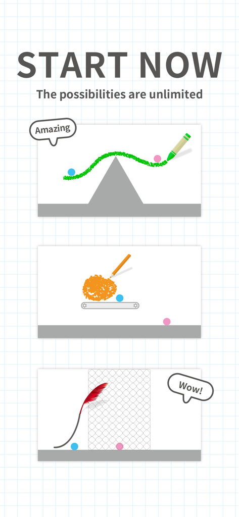 Brain Dots app gameplay showing different creative drawing solutions with various pens to bump two balls together