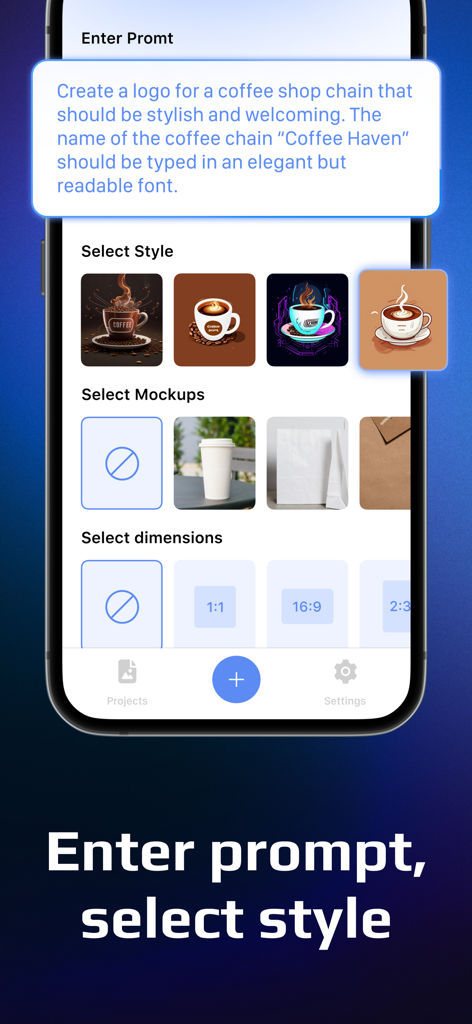 AI Logo Maker App: Generator - AIロゴジェネレーターアプリのインターフェースに、コーヒーショップのブランドとスタイルの選択オプションのテキストプロンプトが表示されている