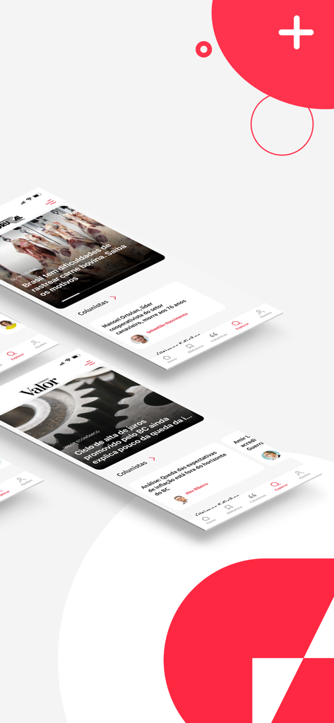 Interface do aplicativo Globo Mais mostrando várias telas com artigos de notícias e revistas brasileiras