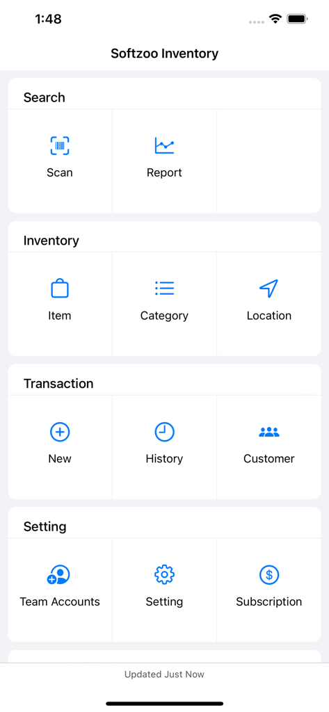 Softzoo Inventory Tracker - Hauptmenübildschirm der Softzoo Inventar-Tracker-App mit Tools zum Scannen des Inventars und für Transaktionen