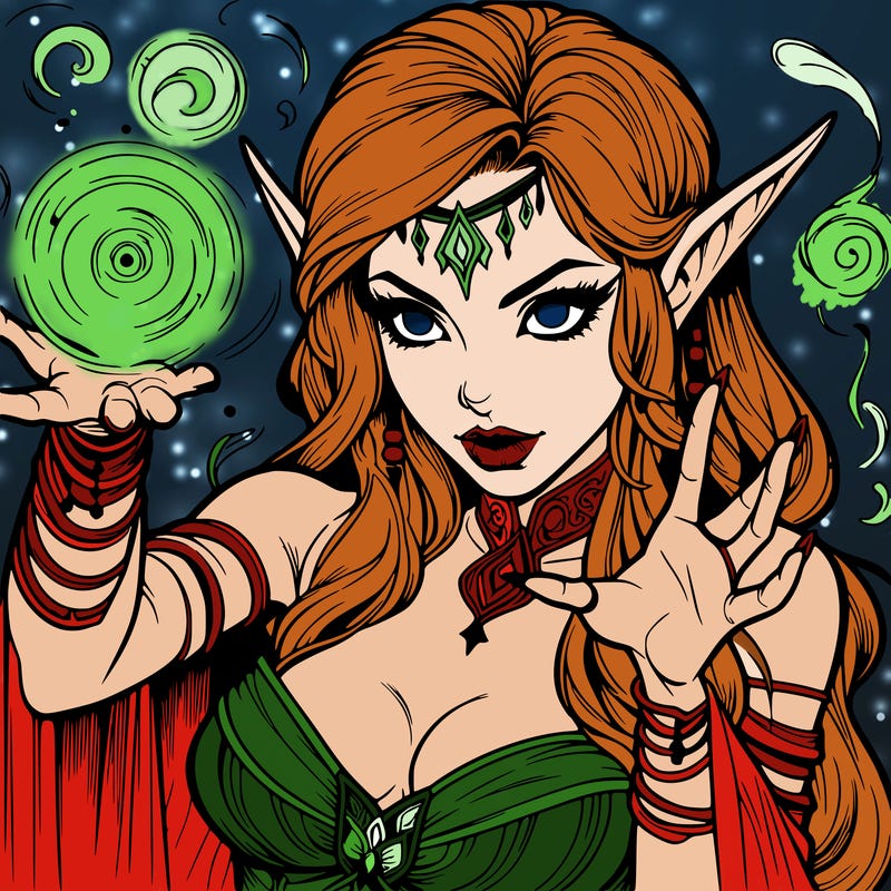realistic scary beautiful elf sorceress casting spell