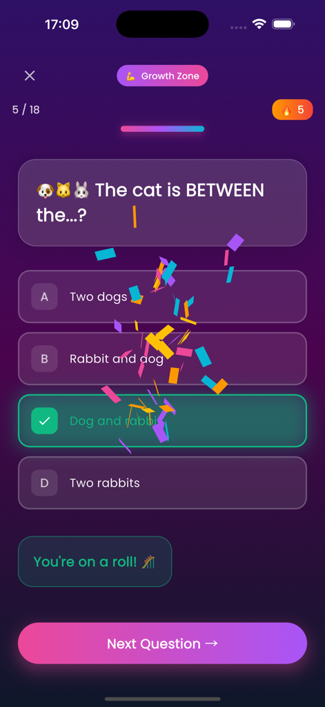 MathsVibes - MathsVibes App Benutzeroberfläche, die eine Multiple-Choice-Mathematikfrage für Kinder mit einer Bestätigung der richtigen Antwort zeigt