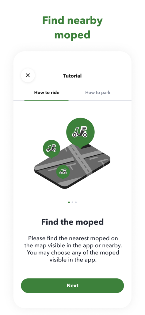 GGC - Green Mobility Solutions - Pantalla tutorial que muestra cómo encontrar un ciclomotor eléctrico en la aplicación GGC