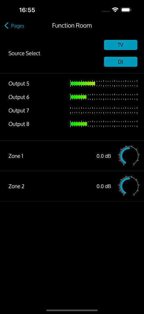 V-Remote - V-Remote app interface showing audio source selection and zone volume controls