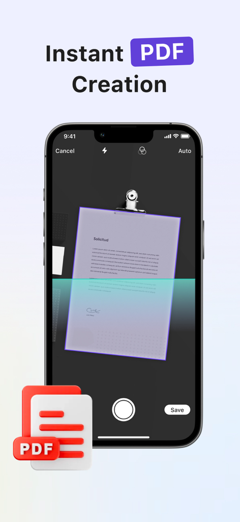 DocClear:clean my phone - Una interfaz de iPhone que muestra la función de creación de PDF instantánea de la aplicación DocClear escaneando un documento en papel.