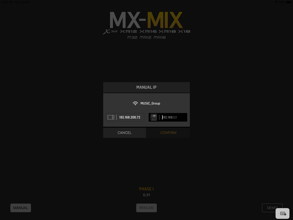 MX-Mix - MX-Mix app manual IP connection screen for Behringer and Midas digital mixers on iPad