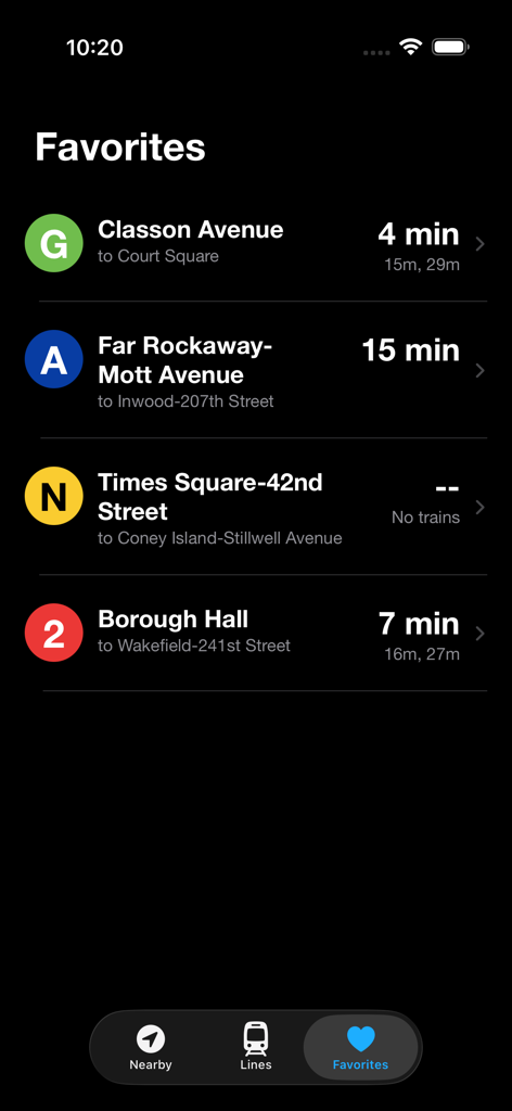 Now Departing - Favorites view of Now Departing app showing live NYC subway departure times for specific stations