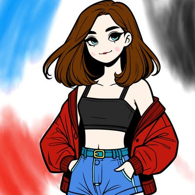 a realistic girl with a crop top and short shorts in an open jacket