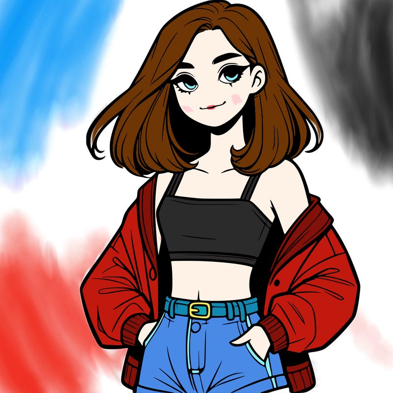 a realistic girl with a crop top and short shorts in an open jacket