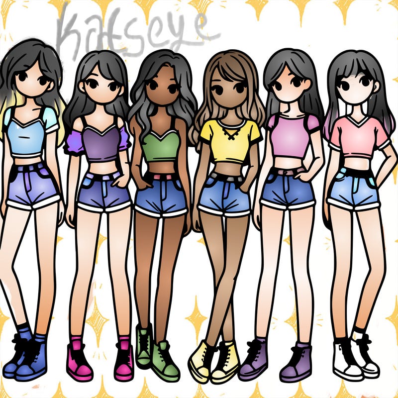 a group of girls wearing crop tops and shorts