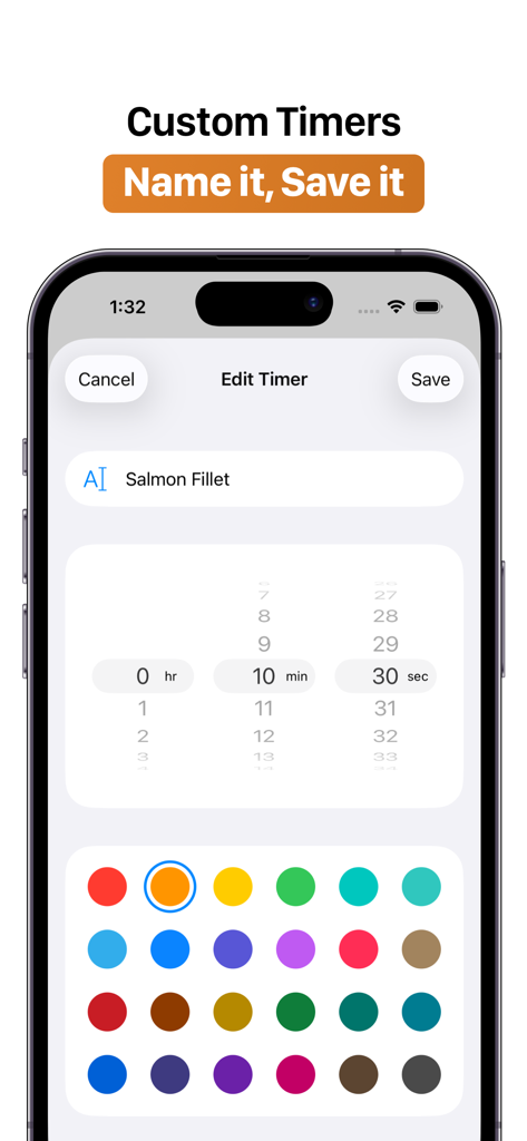 Cooking Timer+ Multiple Timers - Interface for creating a custom cooking timer with name and color selection