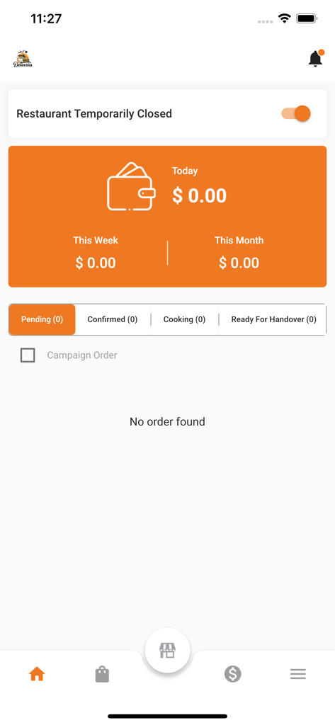 JJ's for Restaurants - Dashboard of the JJ's for Restaurants app showing order status and earnings summary