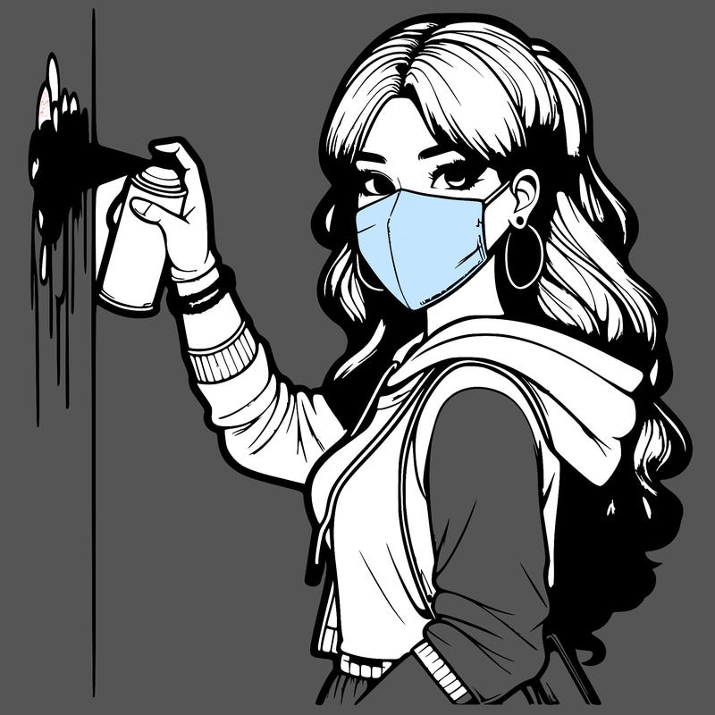 realistic girl with mask spray painting a wall