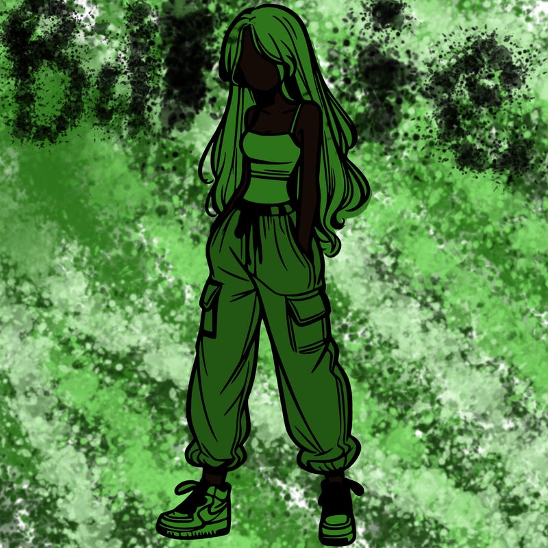 girl in baggy pants crop top and long hair