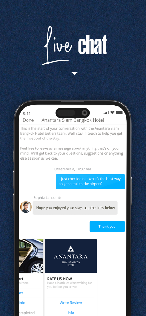 Minor Hotels - マイナーホテルズアプリのインターフェースに、ゲストアシスタンスのためのホテルフロントとのライブチャット機能が表示されている