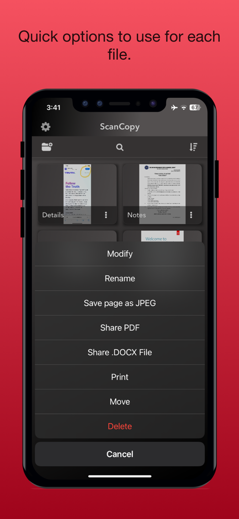 ScanCopy: PDF Editor Converter - Interfaz de la aplicación móvil ScanCopy mostrando un menú de opciones rápidas para gestión y compartición de documentos