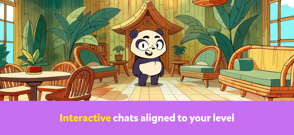 Novakid Jr: Kids English - Panda de dibujos animados en una habitación tropical con el texto 'Charlas interactivas adaptadas a tu nivel'