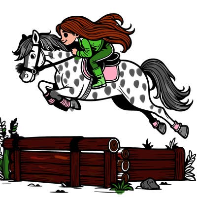 horse jumping an obstacle with a girl with long hair in the saddle