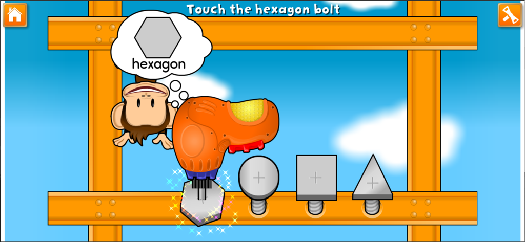 Monkey Preschool Fix-It game interface for identifying shapes with a toy drill.