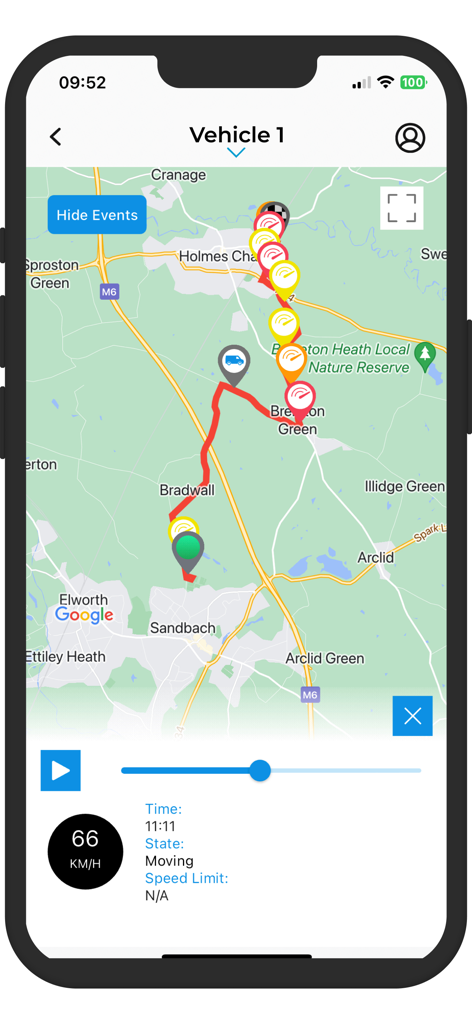 Kinesis - Kinesis app interface showing a live vehicle tracking map with route history and speed monitoring.