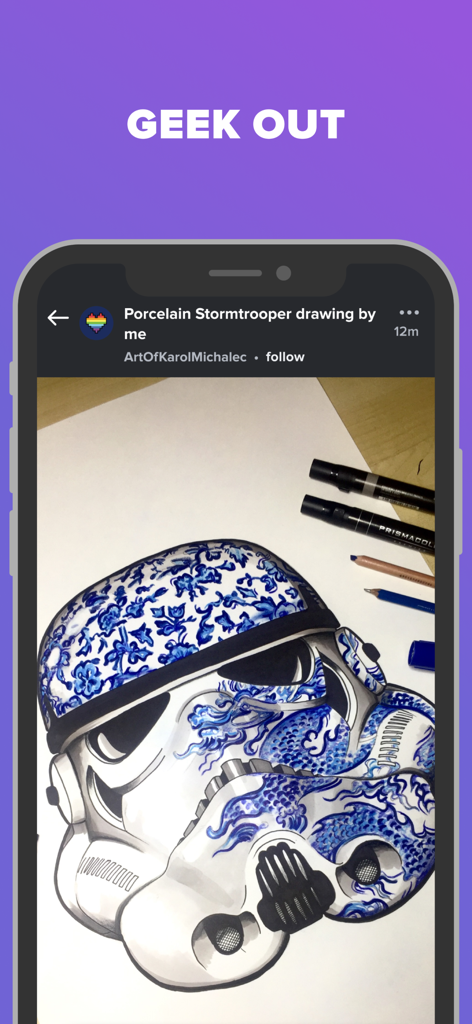 A detailed drawing of a porcelain patterned Stormtrooper helmet displayed on the Imgur app under the heading Geek Out.