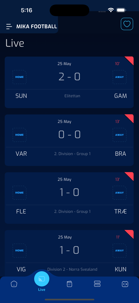 Mika Football - Interface of the Mika Football app displaying live soccer match scores and game times for various international leagues.