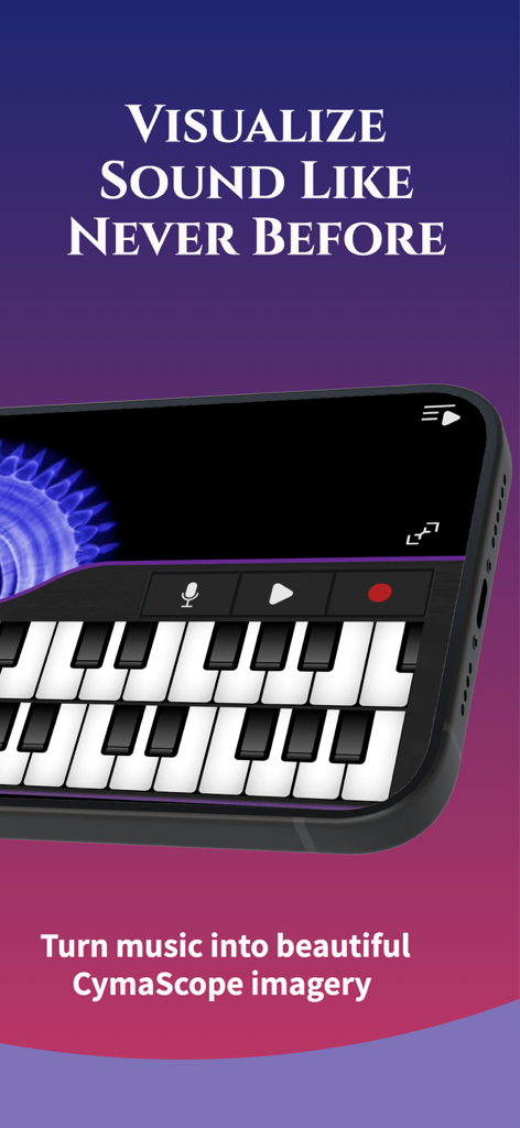 CymaScope - Smartphone exibindo a interface do aplicativo CymaScope com um teclado de piano e um padrão cimático azul.