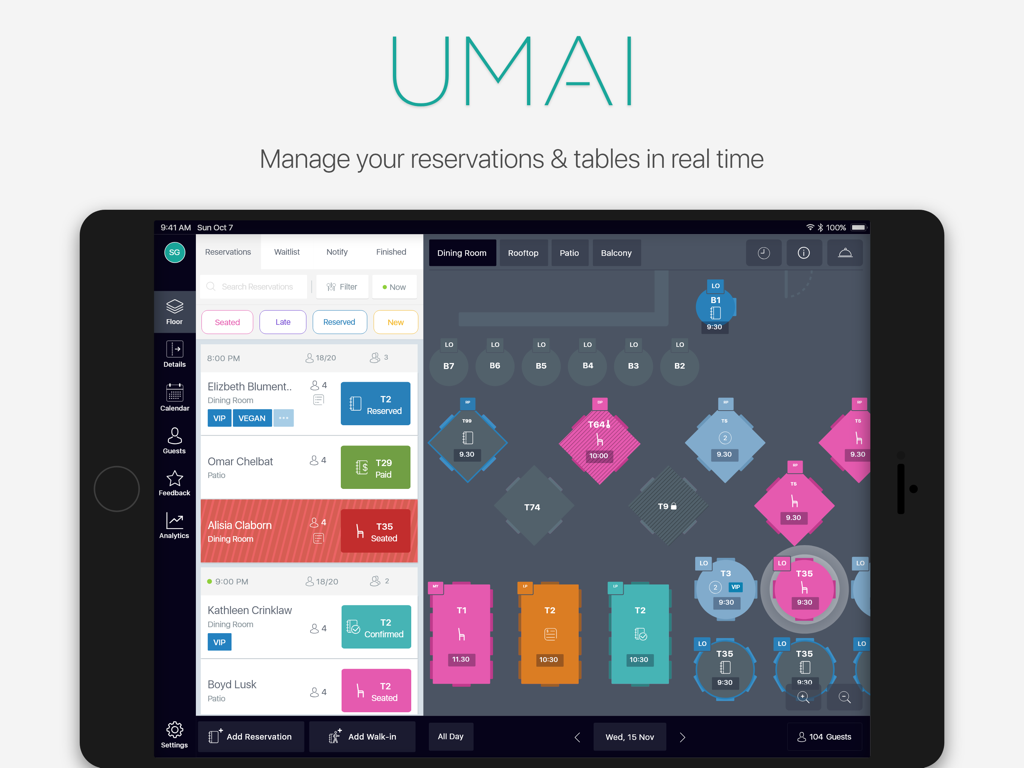 UMAI 360 iPad interface showing a real-time restaurant floor plan and guest reservation list