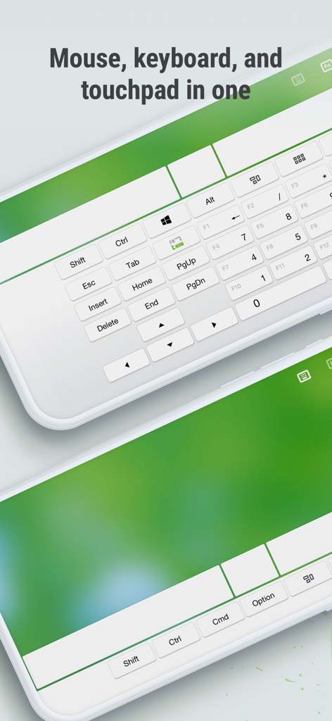 Interface do aplicativo Remote Mouse Pro exibindo um teclado completo e controle de touchpad em dois smartphones.