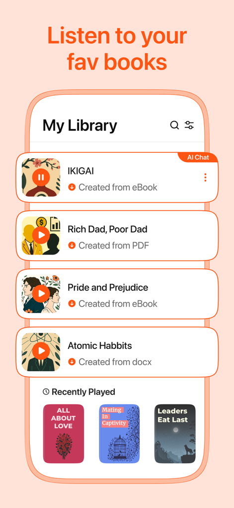 Listen AI app library interface showing various books and documents converted into audio