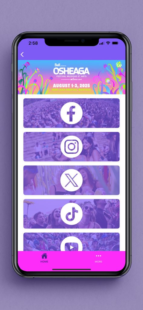 Osheaga 2025 mobile app interface showing social media links for Facebook Instagram X TikTok and YouTube