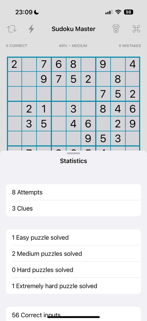 Sudoku Master: Brain Puzzle - Statistics screen in the Sudoku Master app showing a summary of puzzles solved by difficulty and game progress