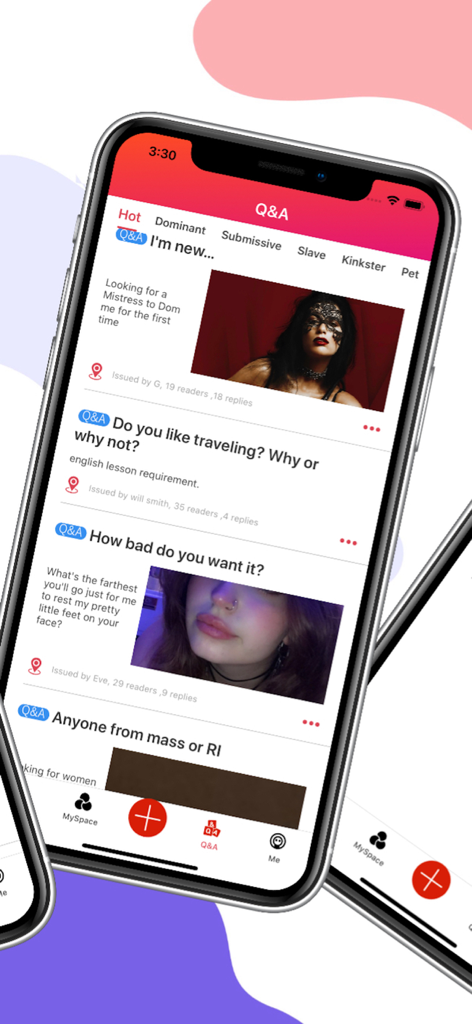 Una pantalla móvil mostrando la sección de preguntas y respuestas de la aplicación KLS con varios hilos de discusión y subcategorías del estilo de vida kink.