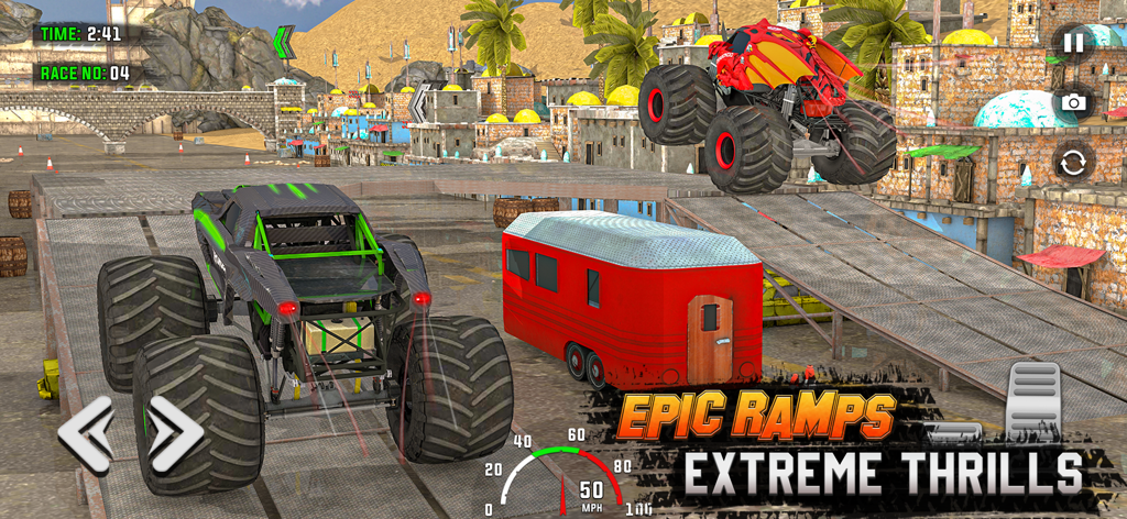 Monster Truck: Drag Race Clash - Un monster truck rojo con temática de dragón realiza un salto en el aire sobre una rampa junto a un camión de carreras verde en una pista de barro.