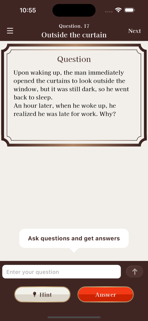 A screenshot of the Situation Puzzle game featuring a lateral thinking riddle called Outside the curtain.