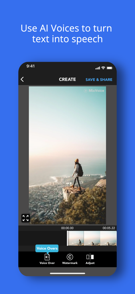 MixVoice: AI Voice Over App - MixVoice app interface showing the process of turning text into speech for a video voiceover.