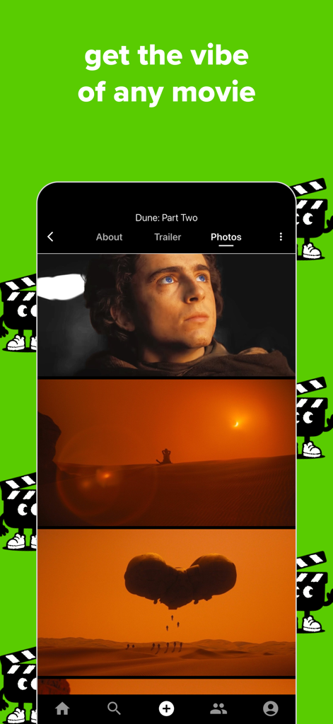 Flick: Rate Movies & Shows - Flick app interface showing a gallery of cinematic movie stills from Dune Part Two to capture the film's vibe