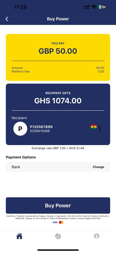Tela do aplicativo Instntmny Transfer mostrando o pagamento de uma conta de serviços públicos de eletricidade em Gana usando Libras Esterlinas