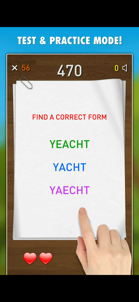 A mobile app screenshot showing a spelling test interface where a user must select the correct spelling of the word Yacht from three options.