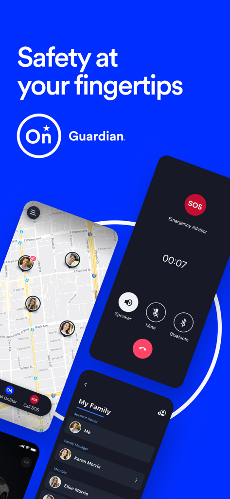 OnStar Guardian: Safety App - OnStar Guardian app interface showing a family location map and emergency advisor call screen.